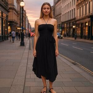 WHBM Dress NWT Size 10 Black Strapless Pleated Waist Tie Little Black Dress